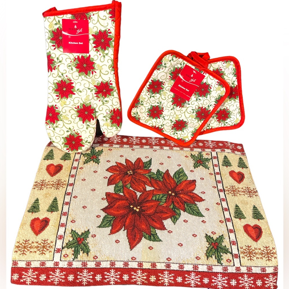 4 Pcs Poinsettia Christmas Decor, 2~Pot Holders & 1~Oven Mitts & 1~Placemat